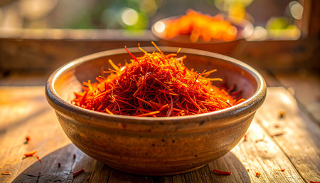 Dried saffron in a clay bowl on a wooden tableの素材