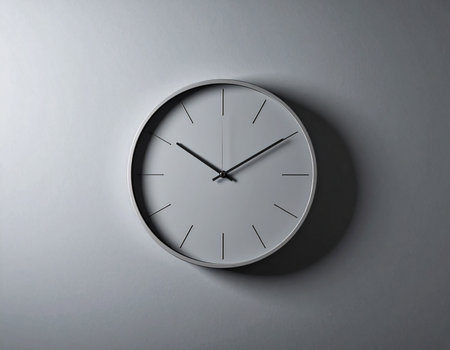 Wall clock on grey background, closeup. Time management concept.の素材