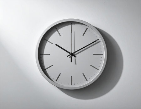 White wall clock with shadow on white background. 3D rendering.の素材