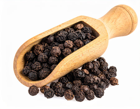 Black pepper in wooden scoop isolated on white background. Close up.の素材