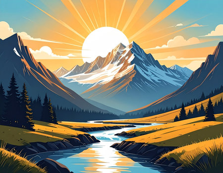 Mountain landscape with river and forest at sunset. Vector illustration.の素材