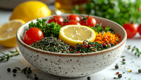 Healthy food. Salad with herbs, tomatoes and lemon on a white backgroundの素材
