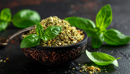 Pesto sauce with fresh basil leaves in bowl on dark backgroundの素材