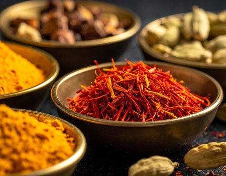 Variety of spices in metal bowls on black background, closeupの素材