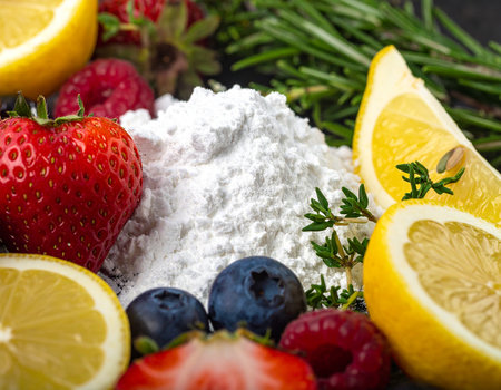 Flour with fruits and berries on a dark background. Selective focus.の素材