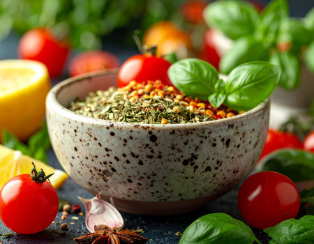 Mix of spices and herbs in a bowl. Selective focus.の素材