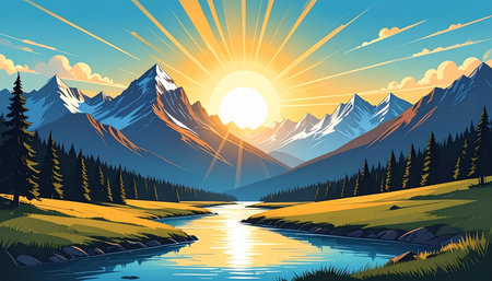 Beautiful mountain landscape with river and sun in the sky. Vector illustrationの素材