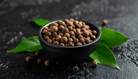 fragrant black pepper in a bowl on a dark background.の素材