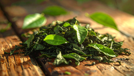 green tea leaves on wooden table, close-up, selective focusの素材