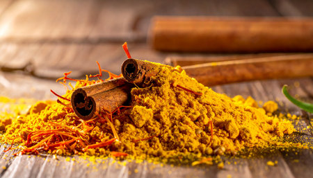 Turmeric powder and cinnamon sticks on wooden background. Selective focus.の素材