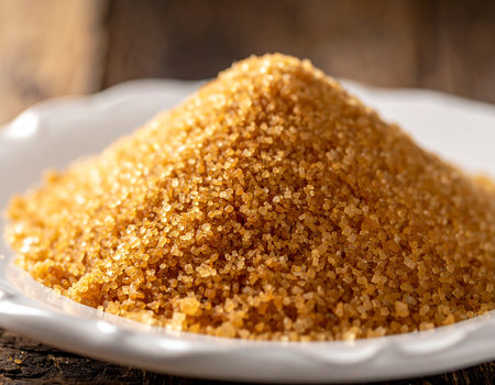 Brown sugar in a plate on a wooden background. Selective focus.の素材