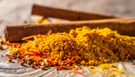 Turmeric powder and spices on old wooden table, close-upの素材