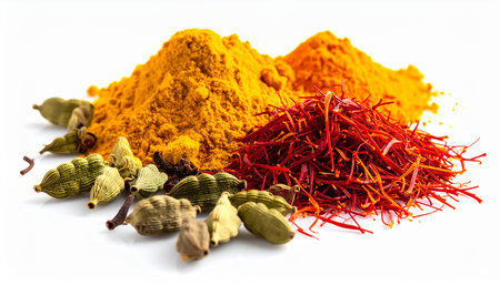 Colorful spices on a white background. Food and cuisine ingredients.の素材