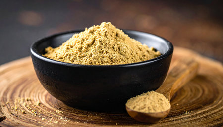 Henna powder in a bowl on a wooden board with a spoonの素材