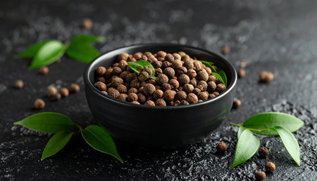 Black pepper in a bowl with green leaves on a black background.の素材