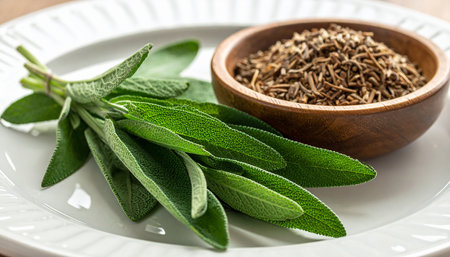 Sage leaves and dry tea in a bowl on a wooden backgroundの素材