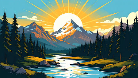 Mountain landscape with river, forest and sun. Vector illustration.の素材