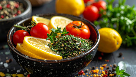 Spices and herbs in bowl with lemon and tomatoes on black backgroundの素材