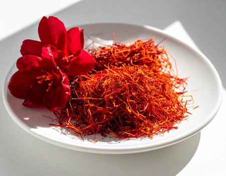 Saffron threads on a white plate and red hibiscus flowerの素材