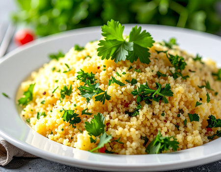 Couscous with parsley in a plate on the tableの素材