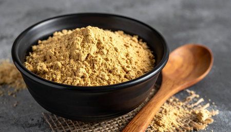 Curry powder in a bowl with wooden spoon on dark background.の素材