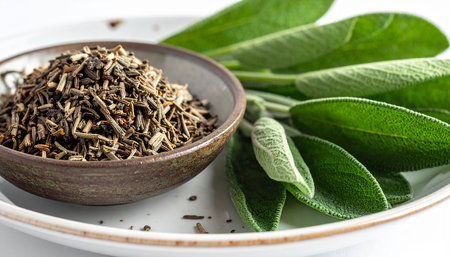 Dry tea with fresh sage leaves in a bowl on white backgroundの素材