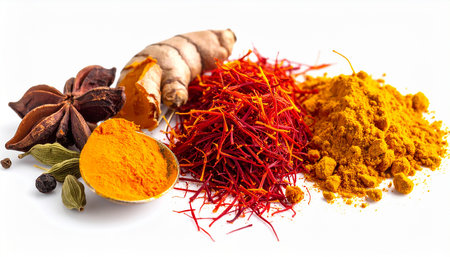 Spices and herbs on a white background. Food ingredients for cooking.の素材