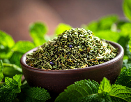 Heap of dried green tea with fresh mint leaves on wooden backgroundの素材