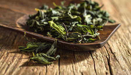 Dry tea leaves in wooden spoon on wooden table, closeupの素材