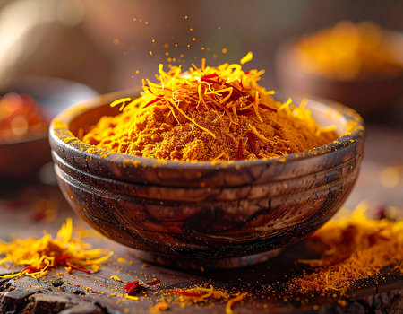 Saffron powder in a bowl on a wooden background. Selective focus.の素材