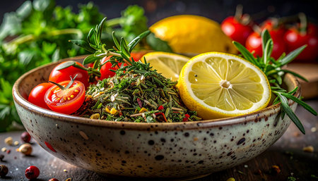 Fresh herbs and spices for cooking with lemon and tomatoes on dark backgroundの素材