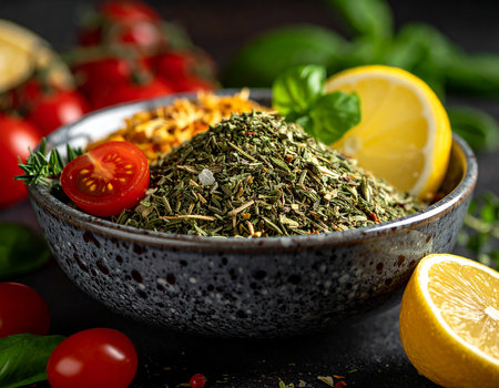 Spices and herbs on a black background. Selective focus.の素材