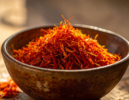Saffron spice in a clay bowl on a wooden table.の素材