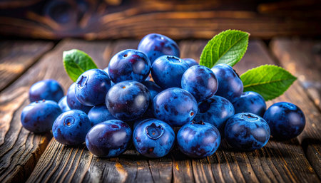 Fresh blueberries on a wooden table. Blueberries on a wooden background.の素材