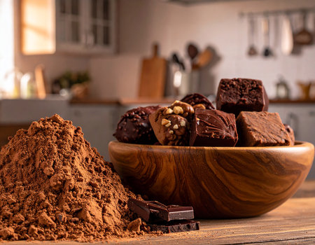 Chocolate truffles with cocoa powder and nuts on a wooden tableの素材