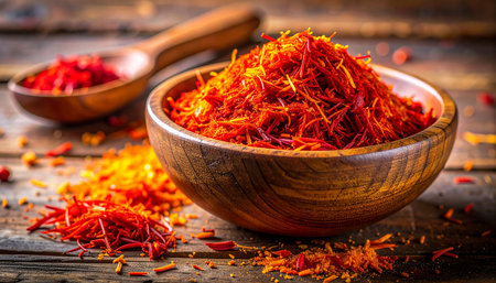 Saffron in a bowl on a wooden background. tinting. selective focusの素材