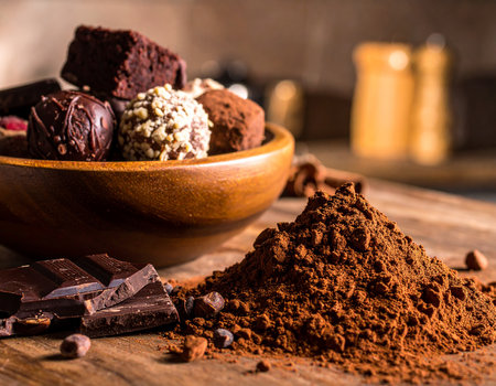 Chocolate truffles with cocoa powder and cocoa beans on wooden backgroundの素材