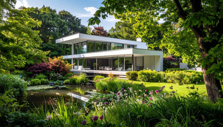 Modern house with garden and lake in sunny summer day. Nobody insideの素材