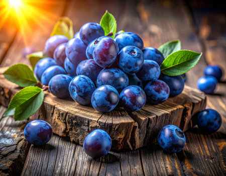 Ripe blue plums on a wooden background. Selective focus.の素材