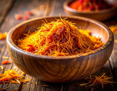 Saffron spice in wooden bowl on wooden table, closeupの素材