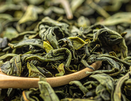 Dry green tea leaves in wooden spoon. Close-up.の素材