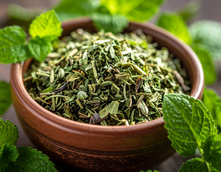 Dried mint leaves in bowl on wooden background. Selective focus.の素材