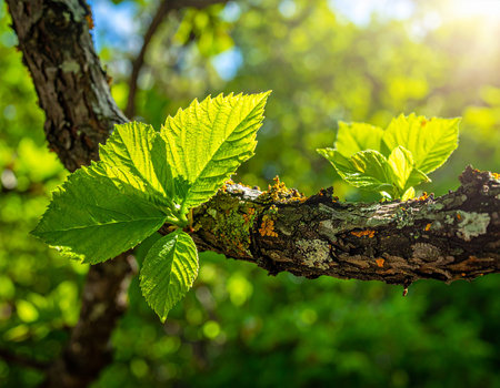 Green leaves on a tree branch in the spring forest. Nature backgroundの素材