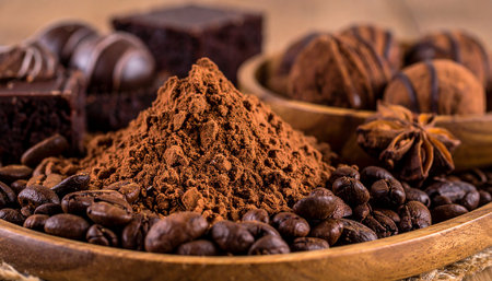 Coffee beans, chocolate and spices on rustic wooden backgroundの素材