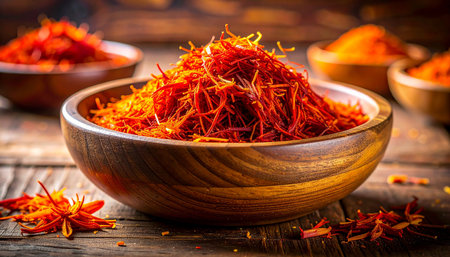 Saffron spice in wooden bowl on wooden background, selective focus.の素材