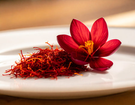 saffron flower and saffron threads on a white plateの素材