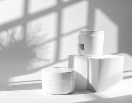 Cosmetic cream jar on white podium with shadow overlay. Skincare and body care conceptの素材