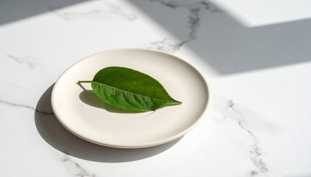 Green leaf on white plate on white marble background. Minimal style.の素材