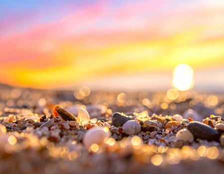 Sunset on the beach with pebbles and sea shells.の素材