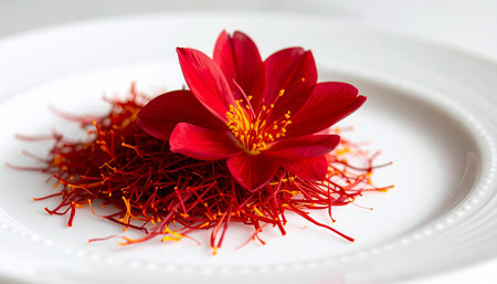 Red saffron flower and saffron threads on a white plateの素材